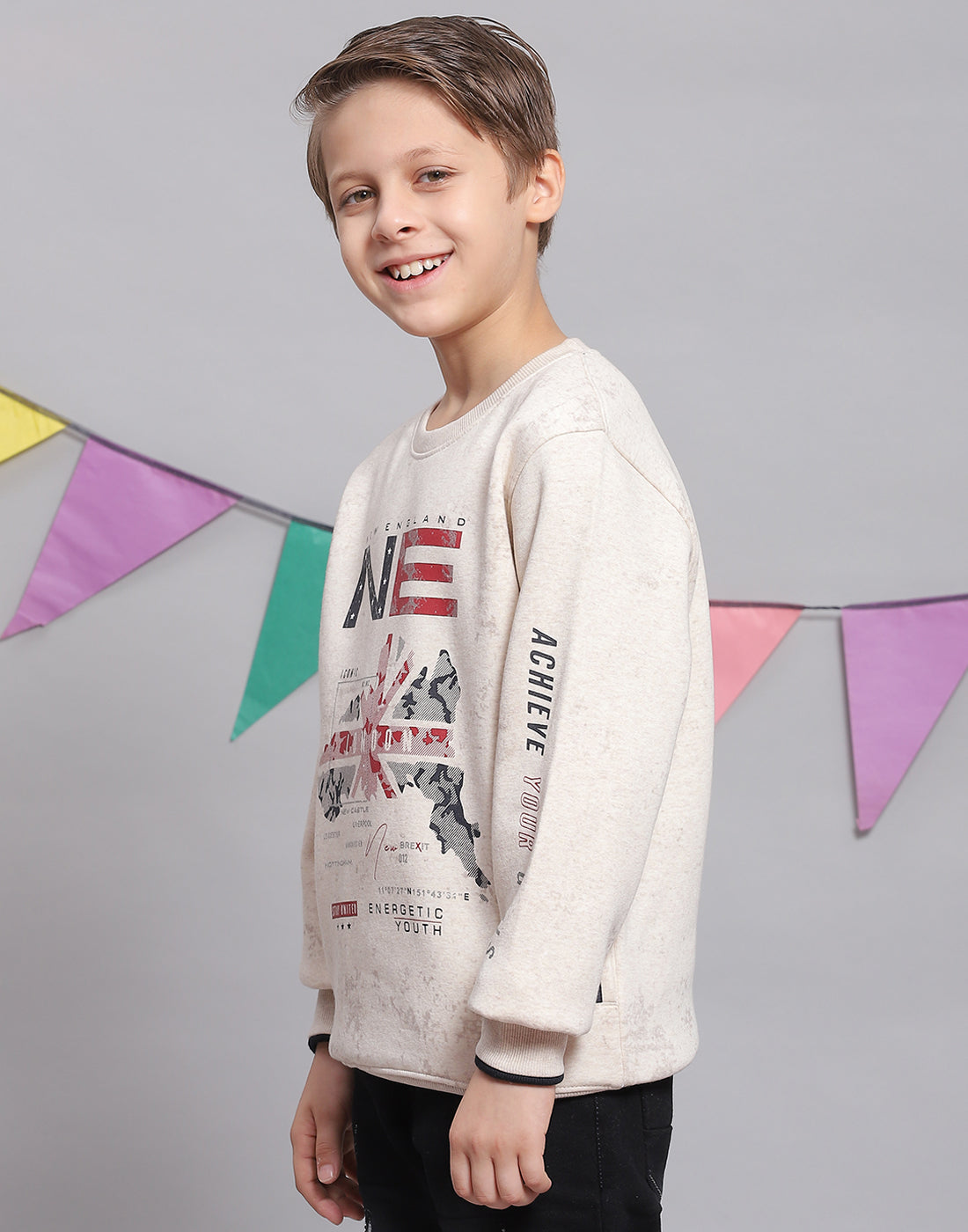 Boys Pink Printed Round Neck Full Sleeve Sweatshirt
