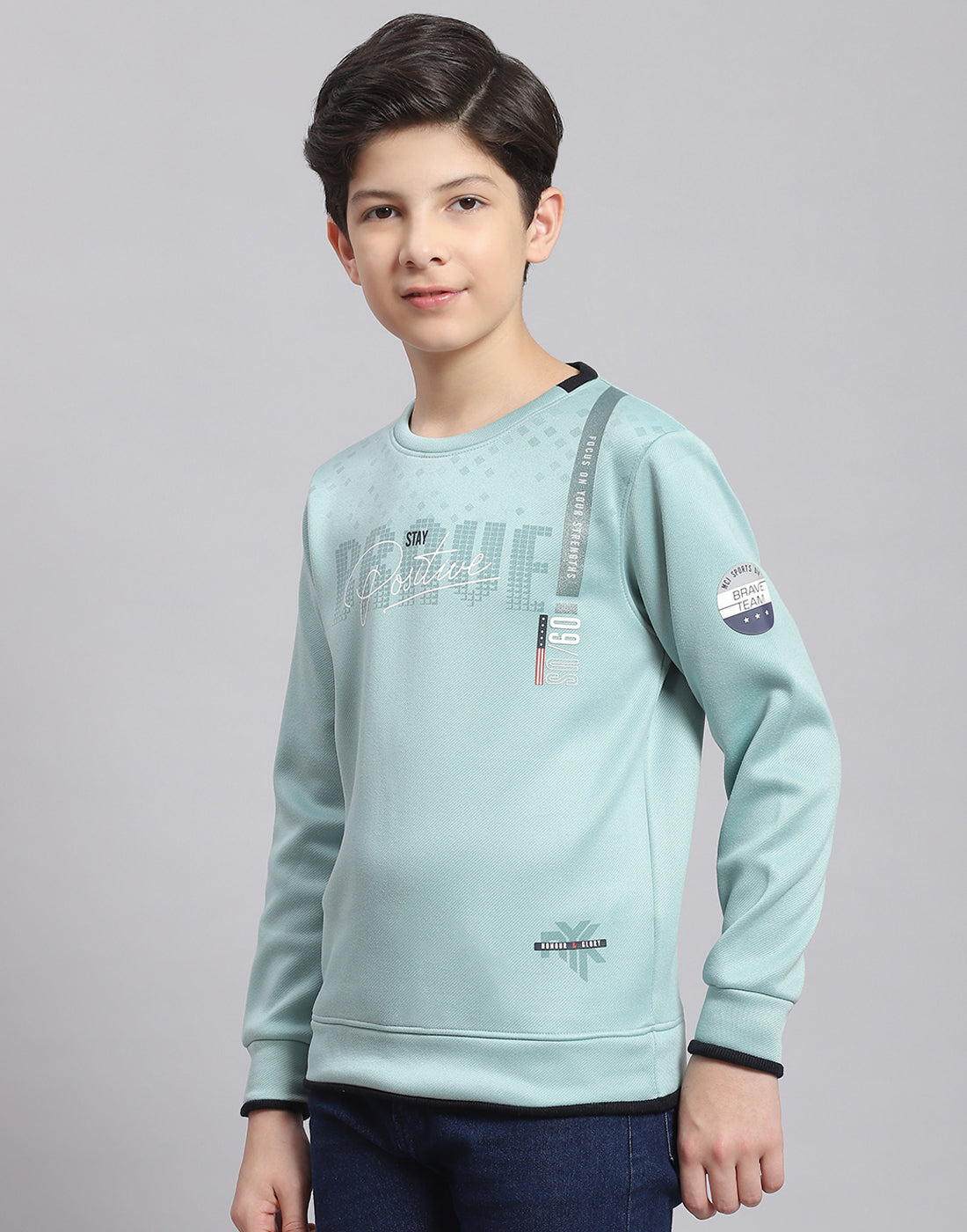 Boys Blue Printed Round Neck Full Sleeve Sweatshirt