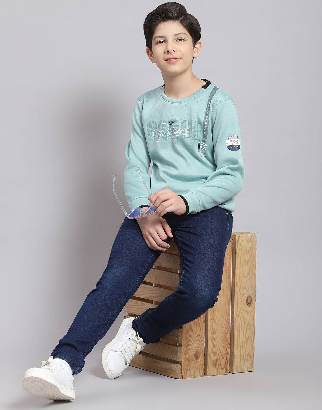 Boys Blue Printed Round Neck Full Sleeve Sweatshirt