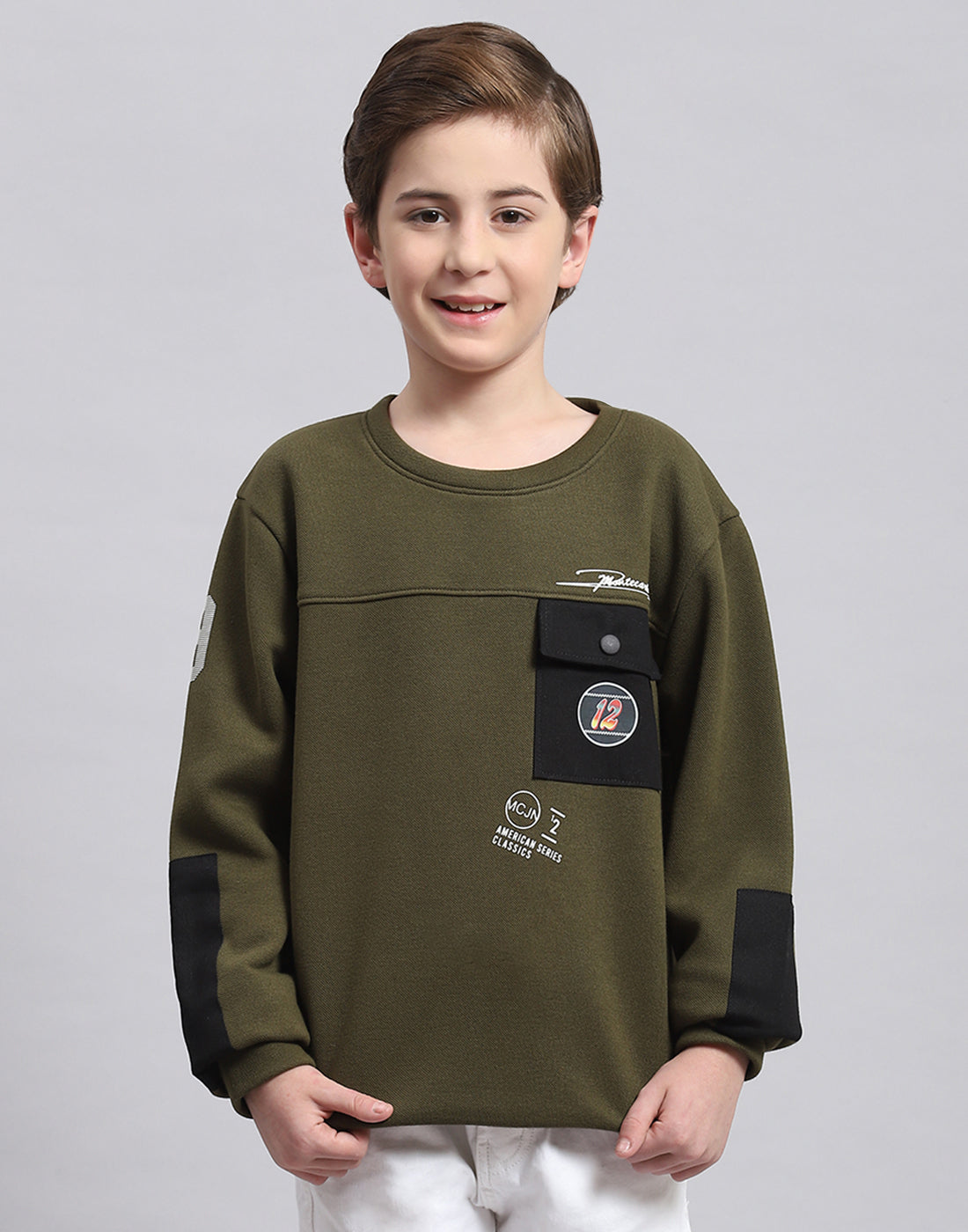 Boys Olive Printed Round Neck Full Sleeve Sweatshirt