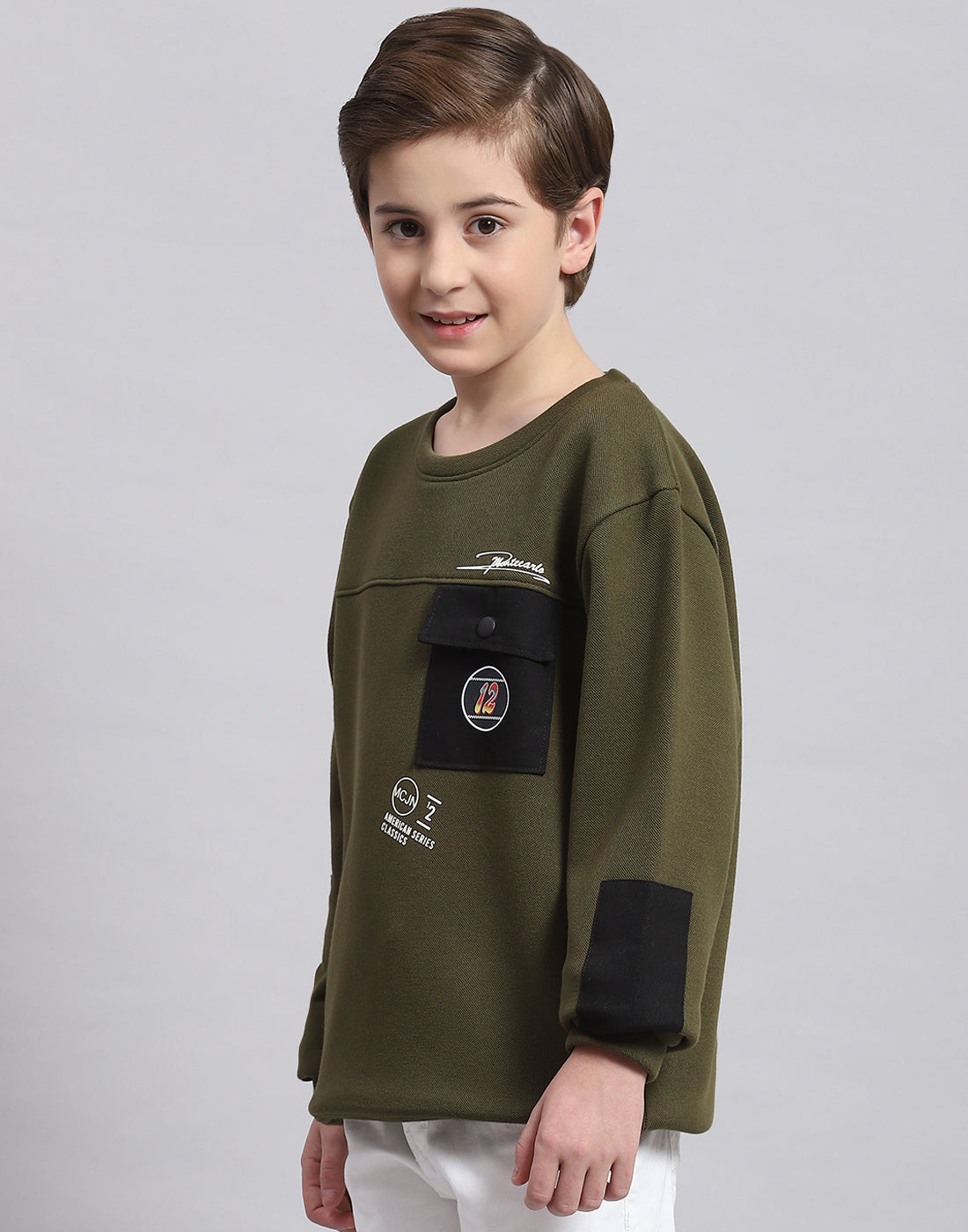 Boys Olive Printed Round Neck Full Sleeve Sweatshirt