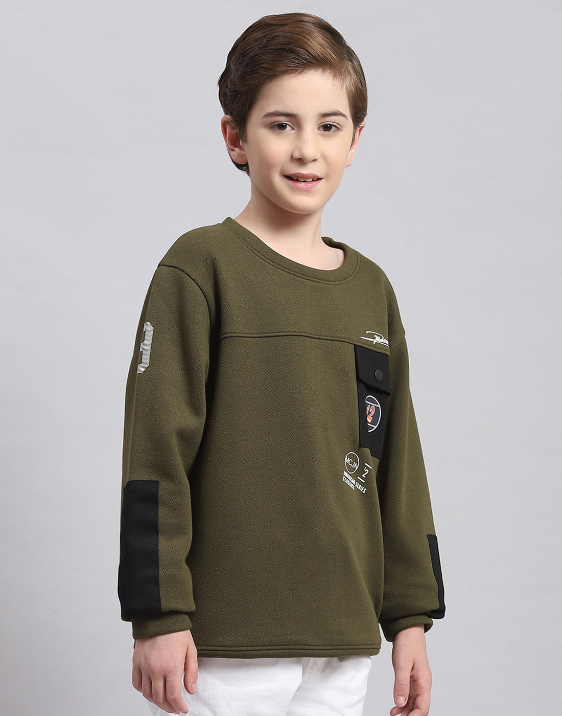 Boys Olive Printed Round Neck Full Sleeve Sweatshirt