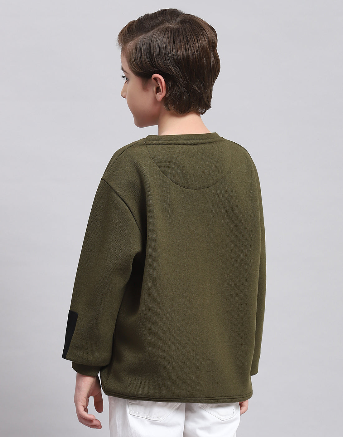 Boys Olive Printed Round Neck Full Sleeve Sweatshirt