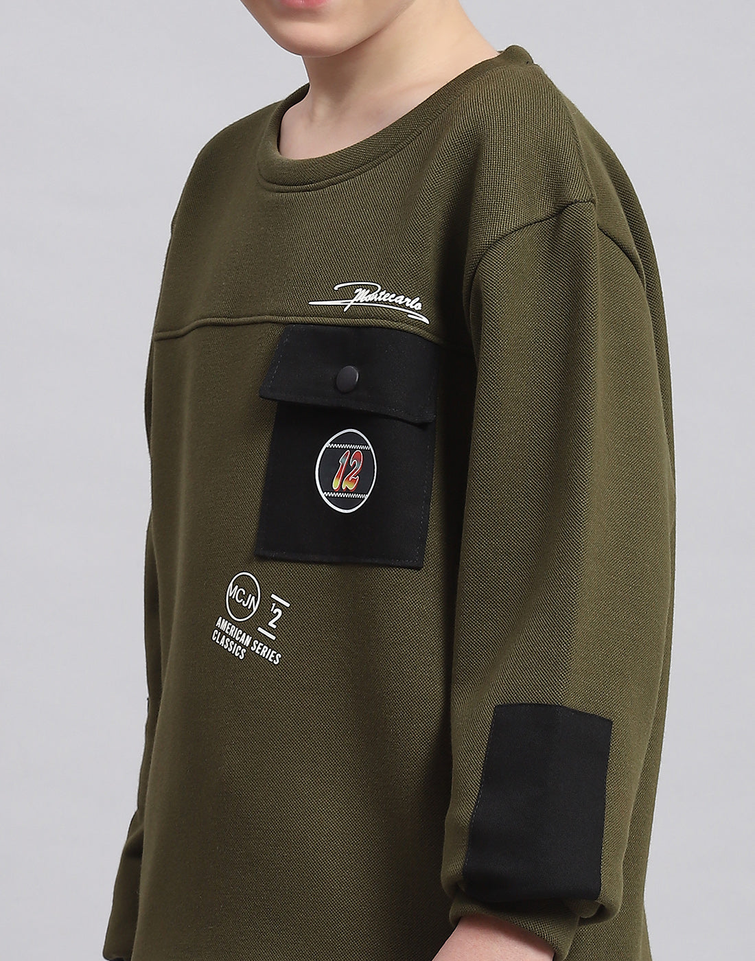 Boys Olive Printed Round Neck Full Sleeve Sweatshirt