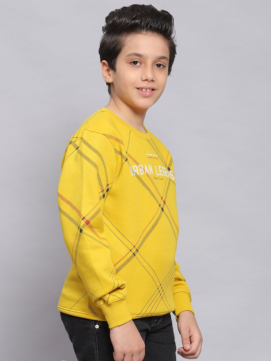 Boys Yellow Printed Round Neck Full Sleeve Sweatshirt