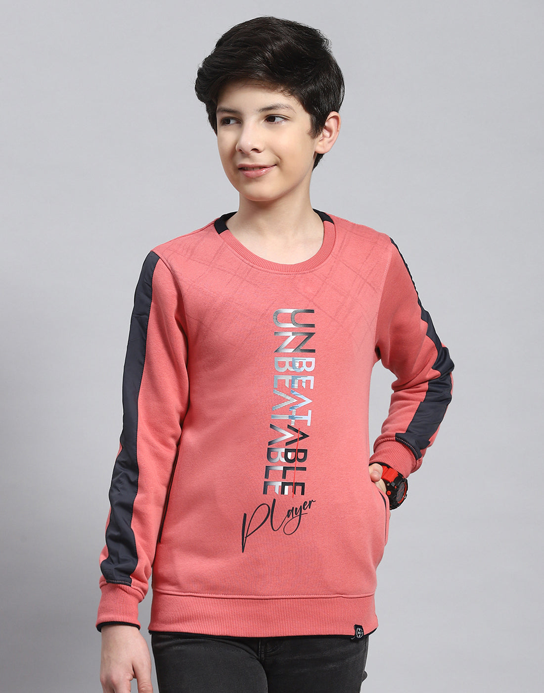 Boys Pink Printed Round Neck Full Sleeve Sweatshirt
