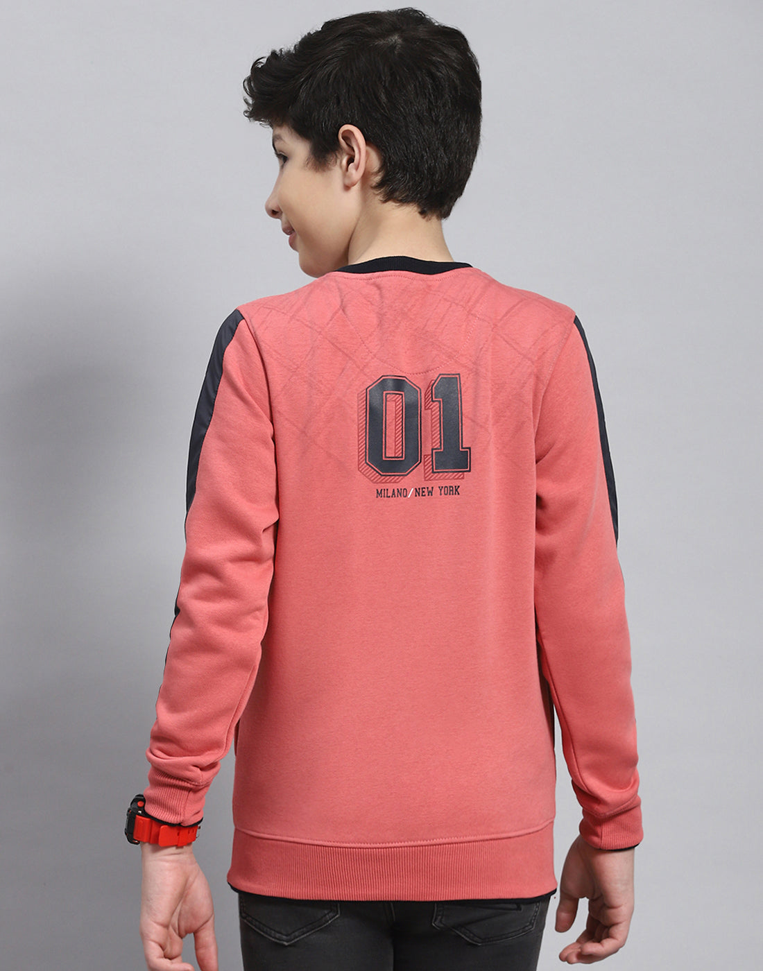 Boys Pink Printed Round Neck Full Sleeve Sweatshirt