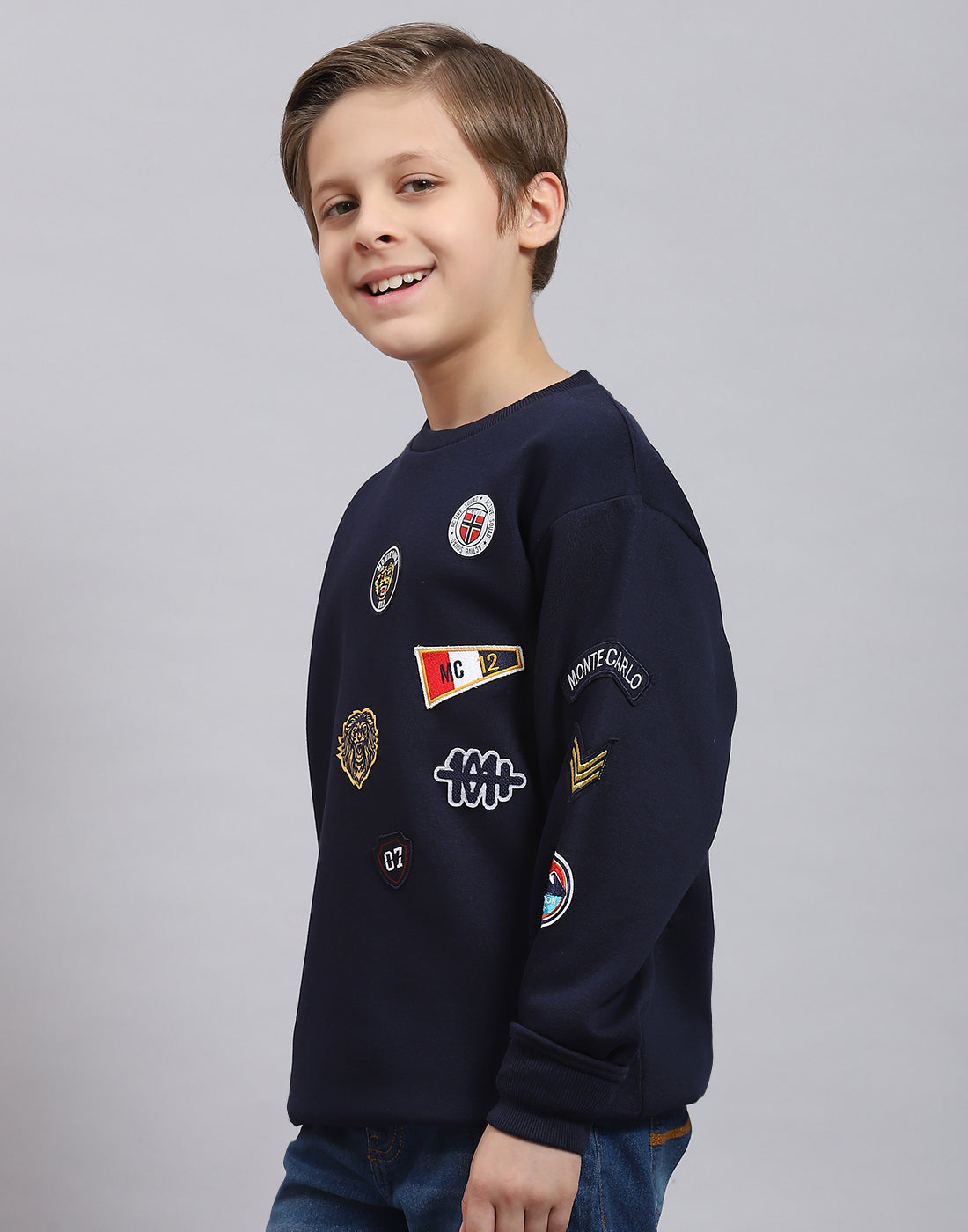 Boys Navy Blue Printed Round Neck Full Sleeve Sweatshirt