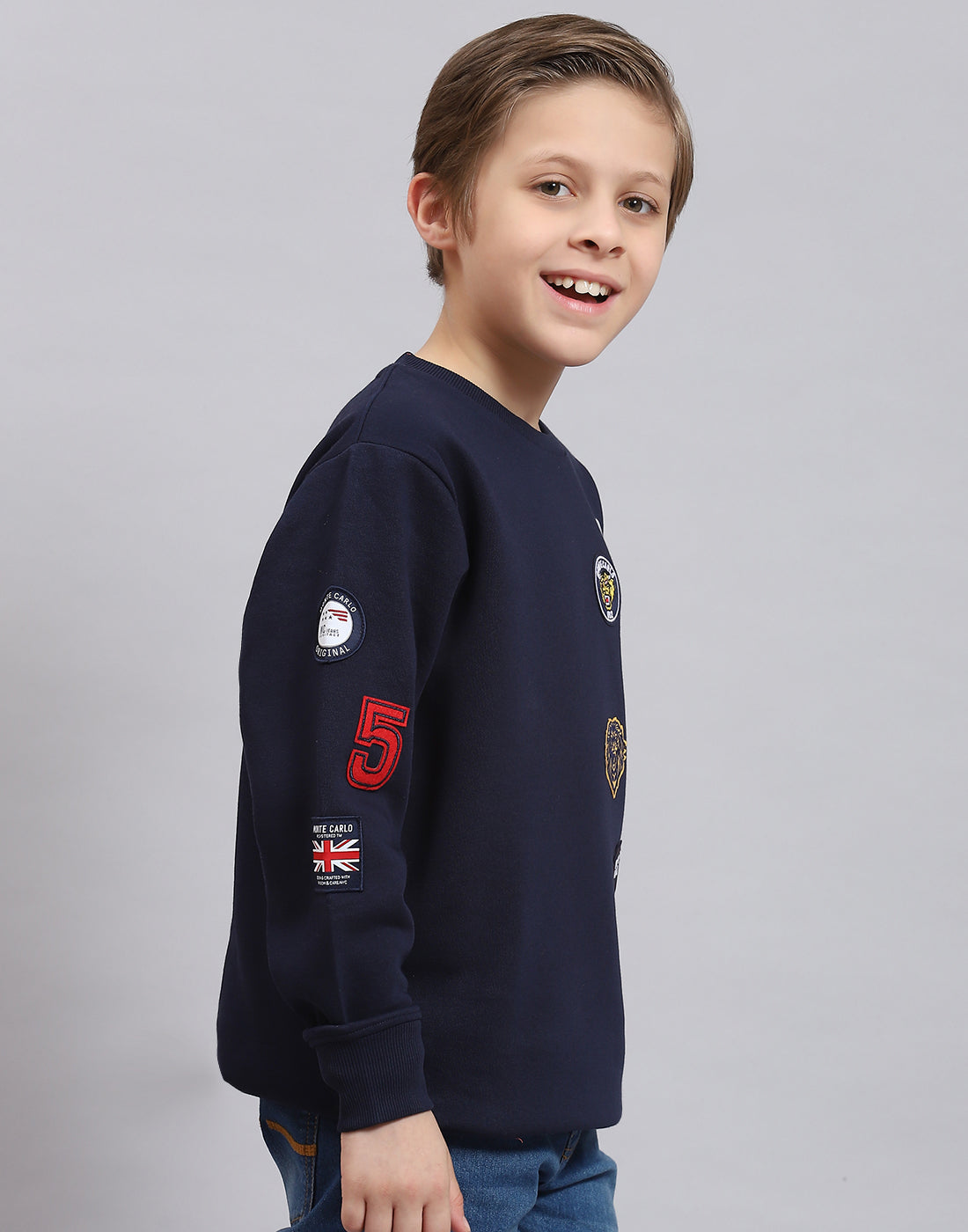Boys Navy Blue Printed Round Neck Full Sleeve Sweatshirt
