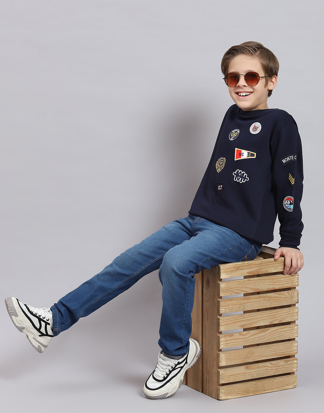 Boys Navy Blue Printed Round Neck Full Sleeve Sweatshirt