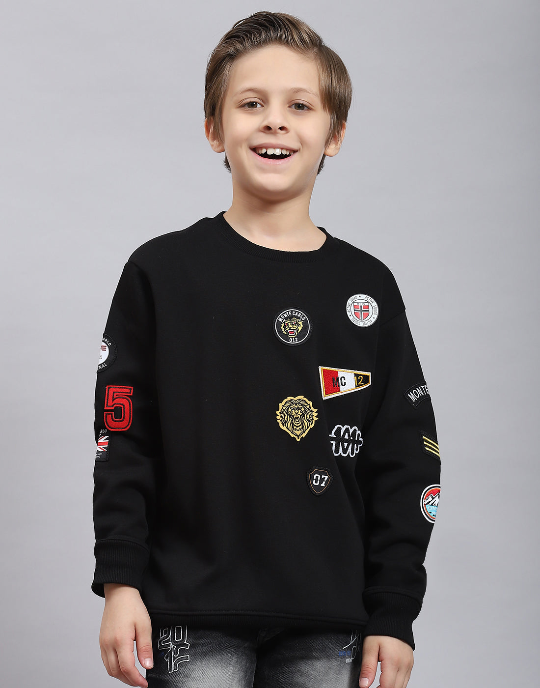 Boys Black Printed Round Neck Full Sleeve Sweatshirt