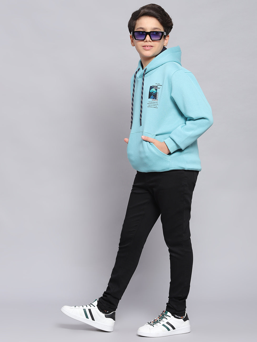 Boys Blue Printed Hooded Full Sleeve Sweatshirt