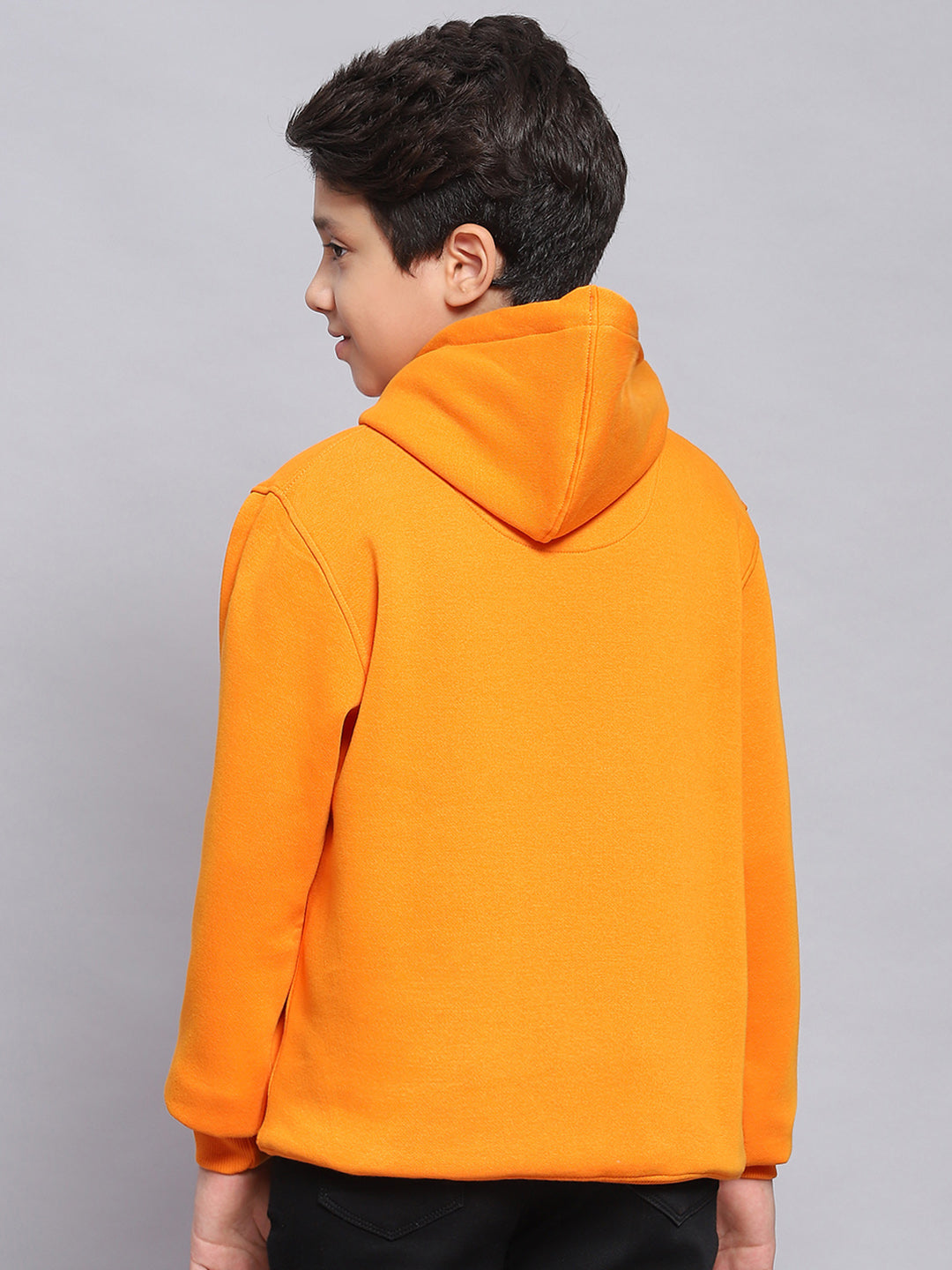 Boys Orange Printed Hooded Full Sleeve Sweatshirt