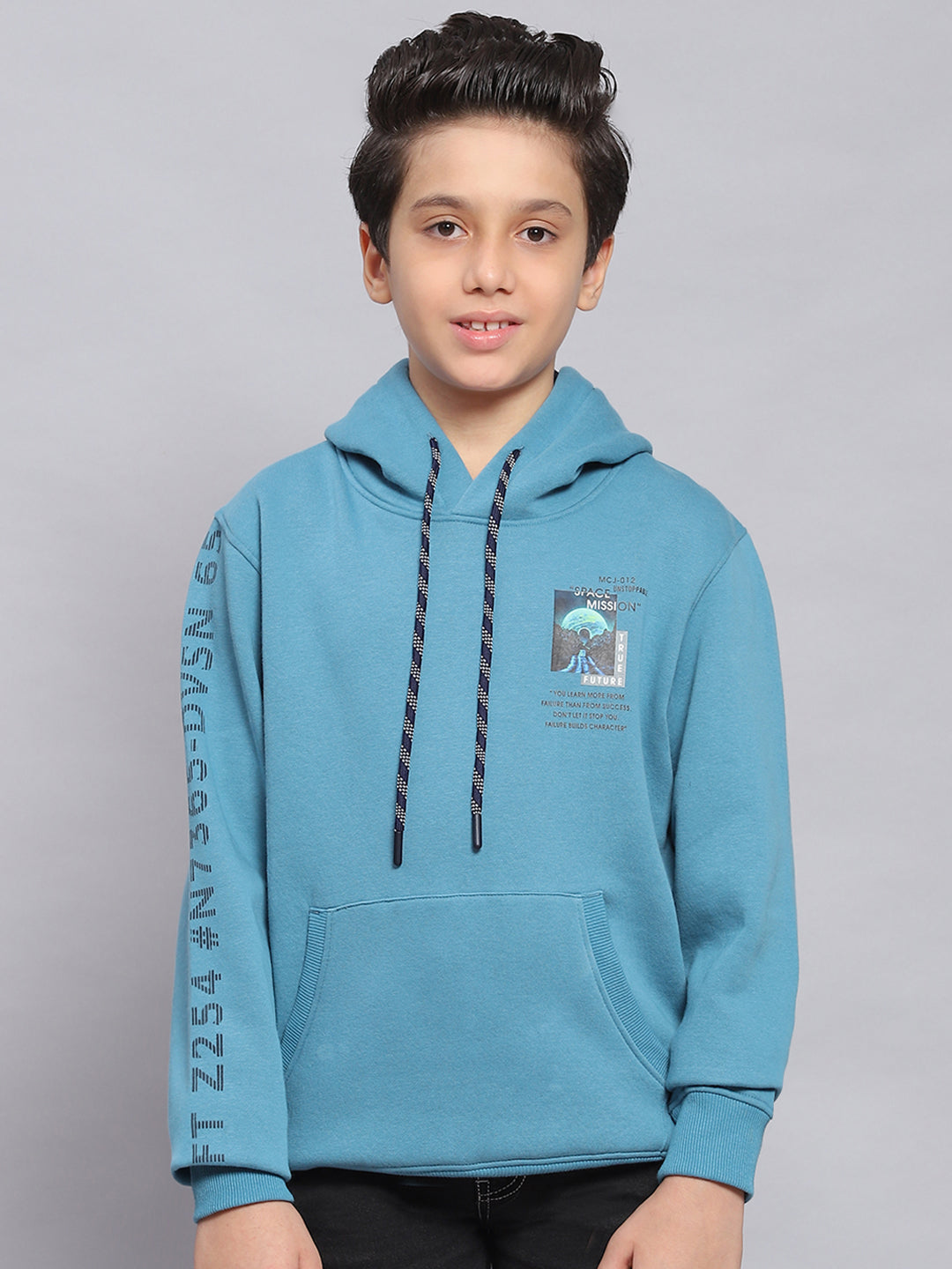 Boys Blue Printed Hooded Full Sleeve Sweatshirt