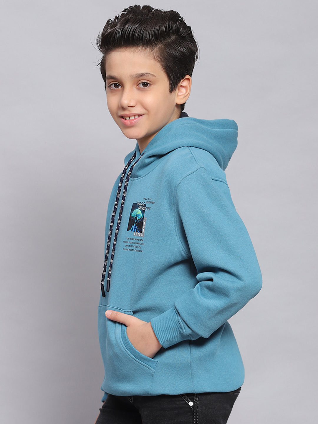 Boys Blue Printed Hooded Full Sleeve Sweatshirt