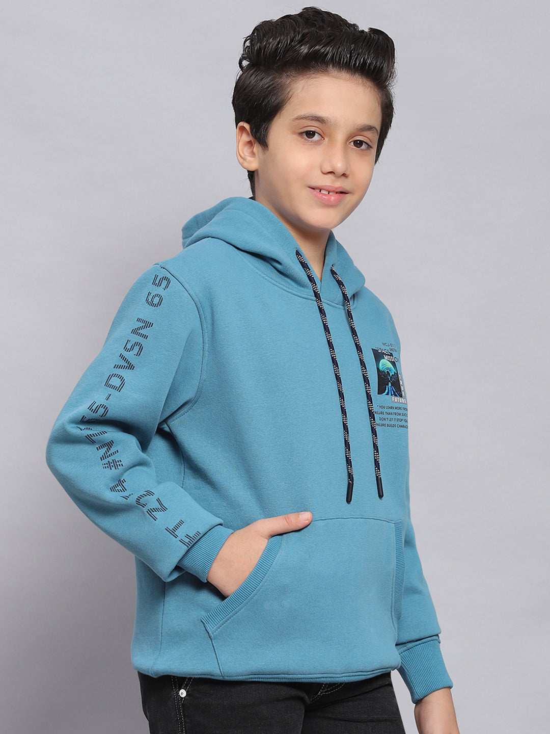 Boys Blue Printed Hooded Full Sleeve Sweatshirt