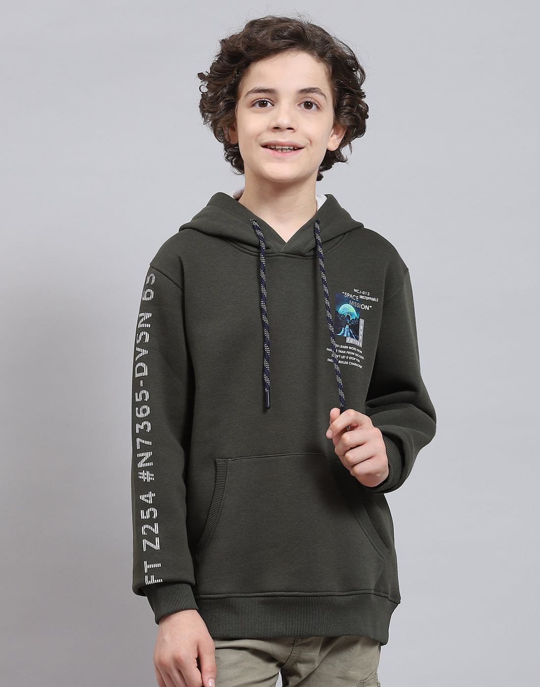 Boys Olive Printed Round Neck Full Sleeve Sweatshirt
