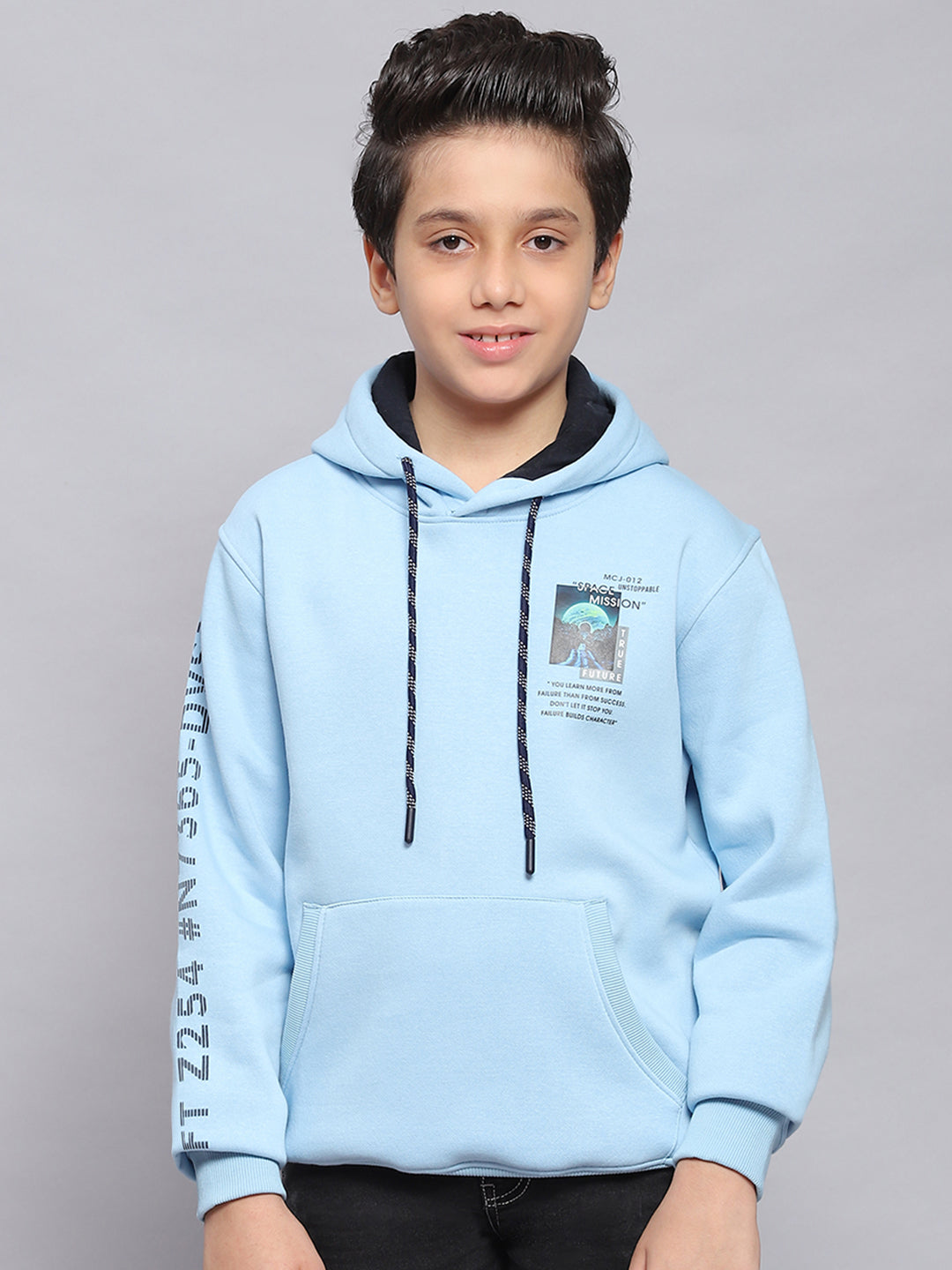 Buy Boys Blue Printed Hooded Full Sleeve Sweatshirt Online in