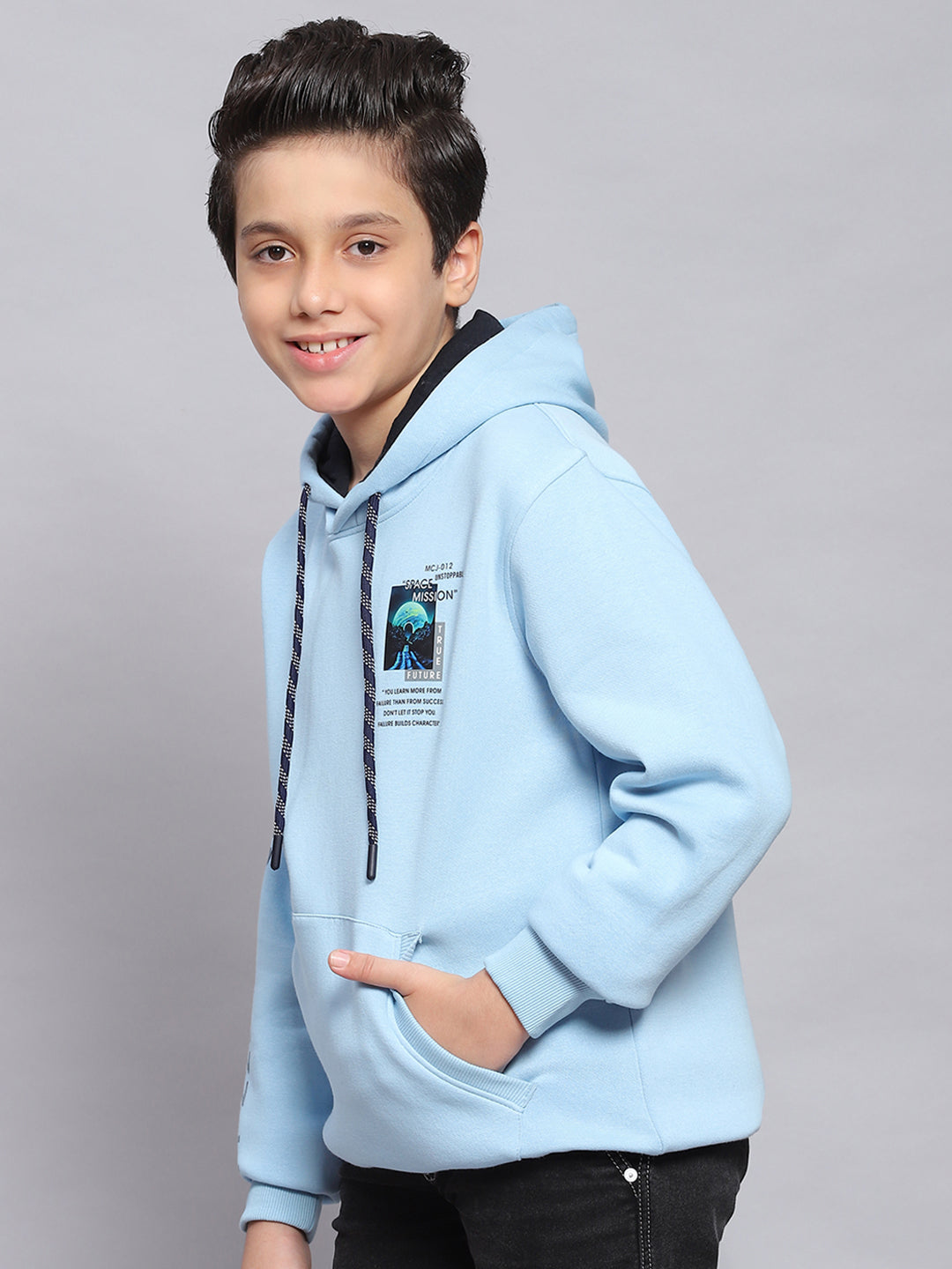 Boys Blue Printed Hooded Full Sleeve Sweatshirt