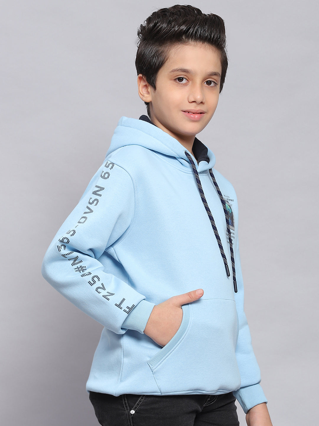 Boys Blue Printed Hooded Full Sleeve Sweatshirt