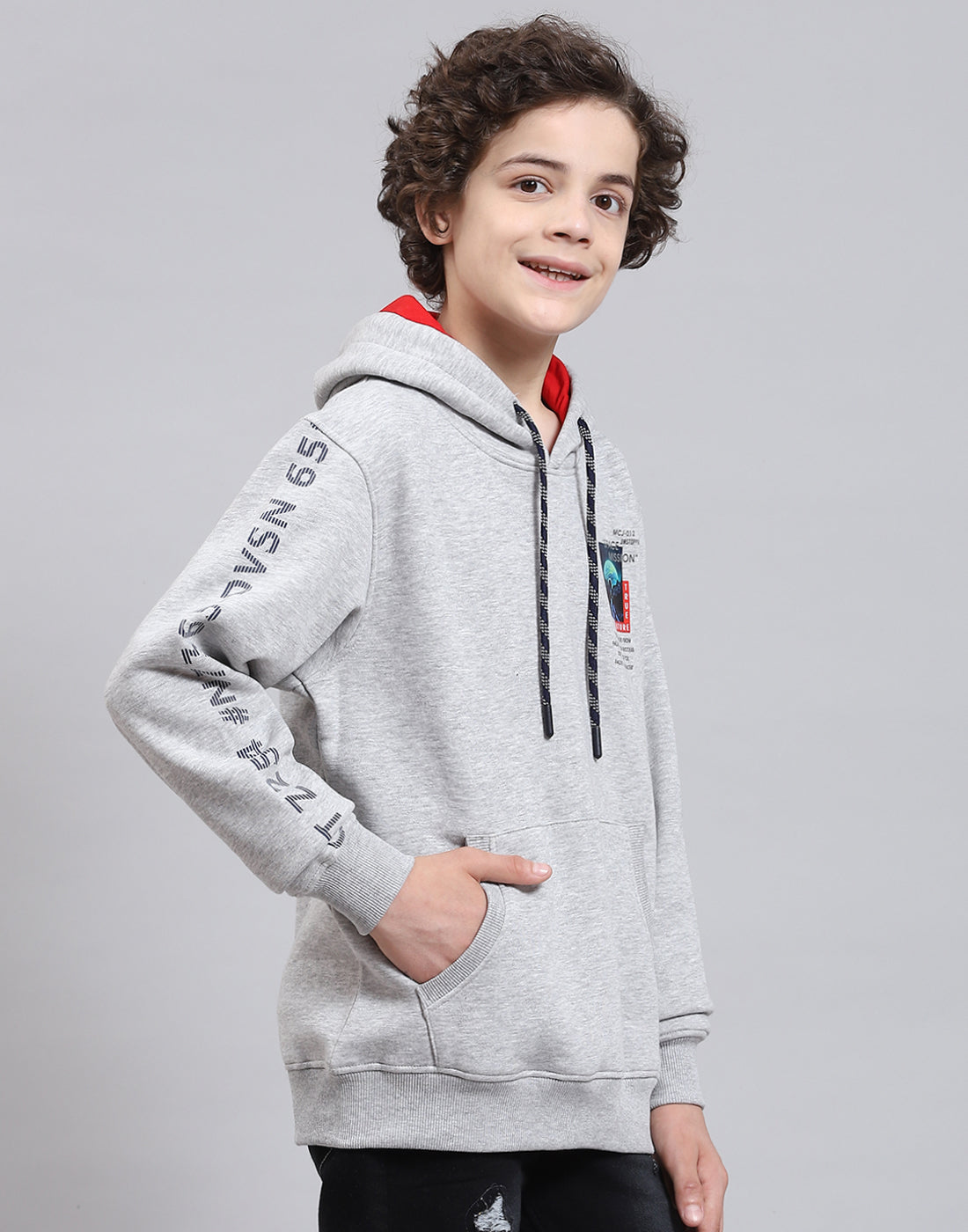 Boys Grey Melange Printed Round Neck Full Sleeve Sweatshirt