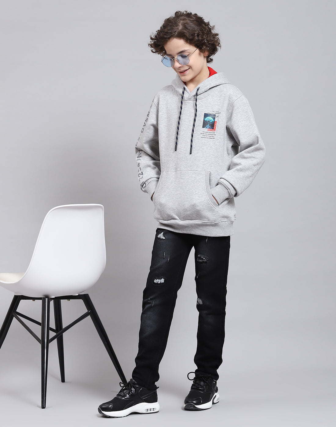 Boys Grey Melange Printed Round Neck Full Sleeve Sweatshirt