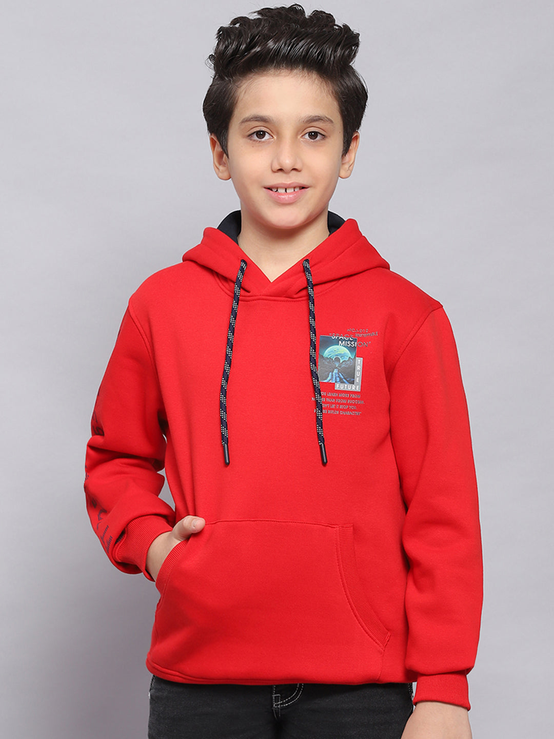 Boys Red Printed Hooded Full Sleeve Sweatshirt - Main Image