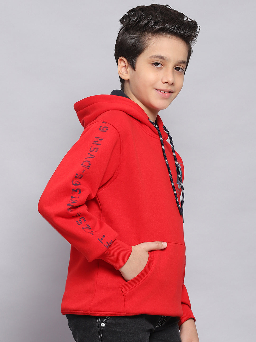 Boys Red Printed Hooded Full Sleeve Sweatshirt