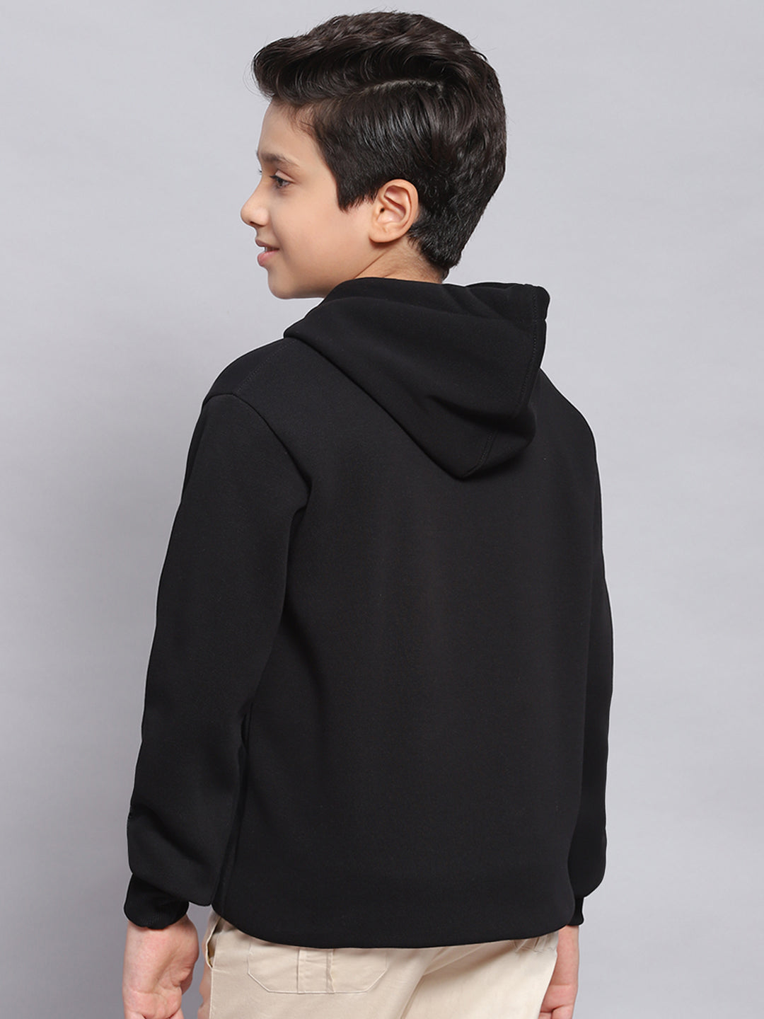 Boys Black Printed Hooded Full Sleeve Sweatshirt