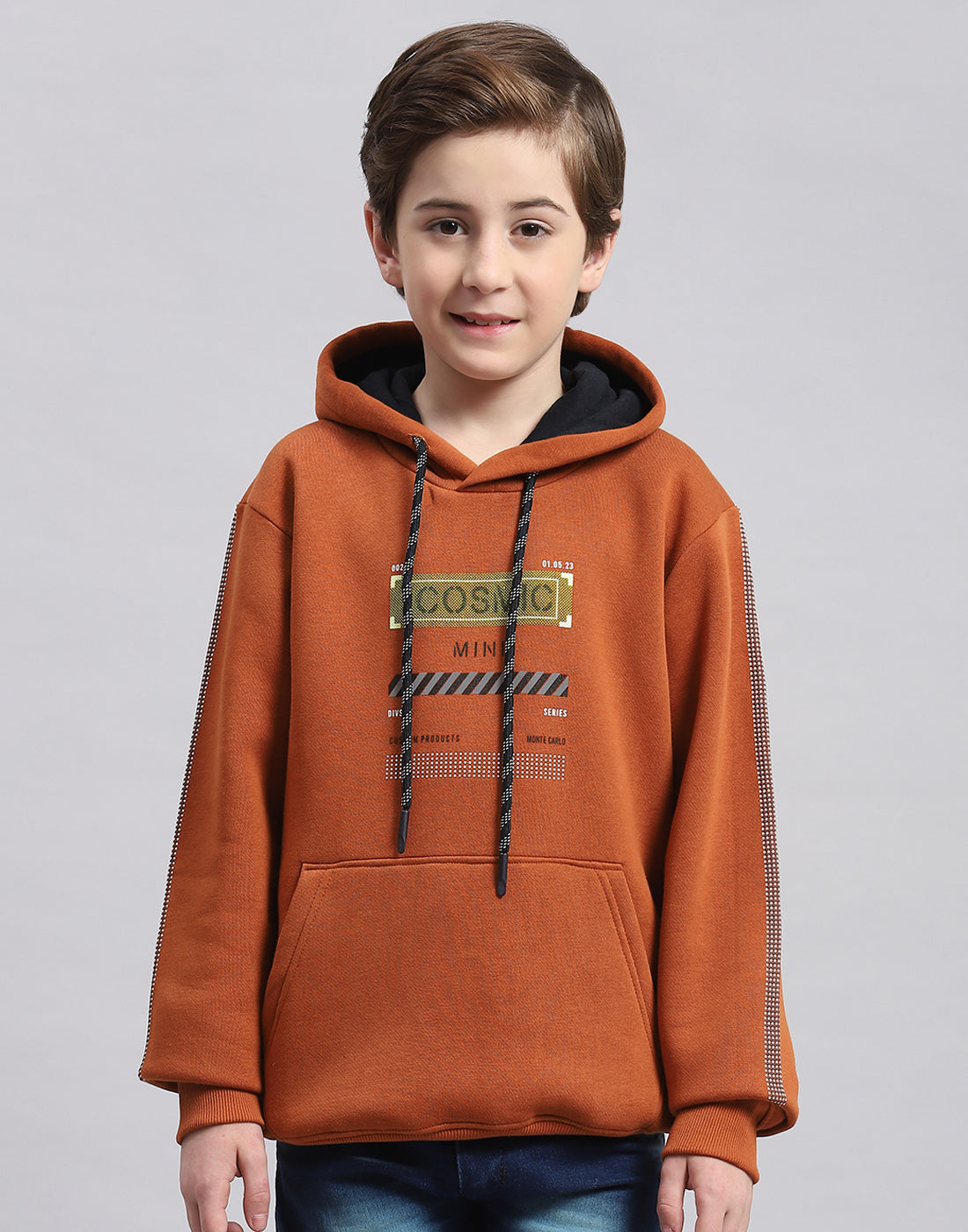 Boys Brown Printed Hooded Full Sleeve Sweatshirt