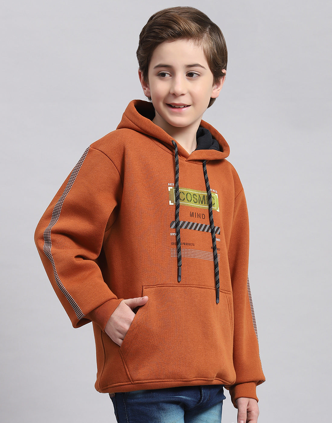 Boys Brown Printed Hooded Full Sleeve Sweatshirt