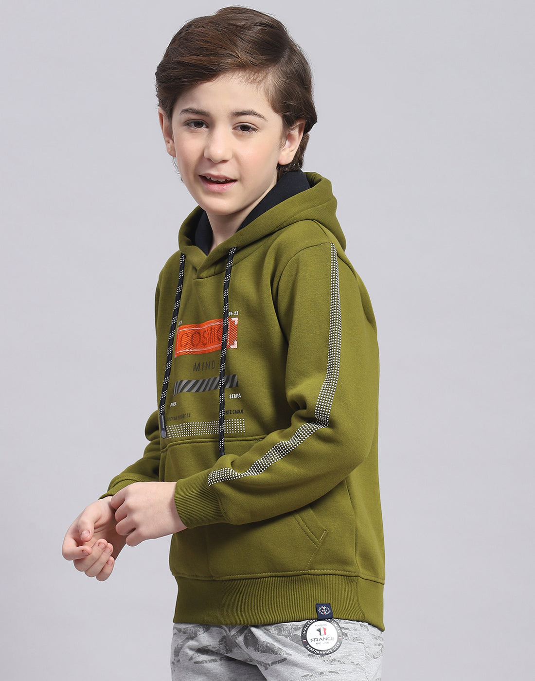 Boys Olive Printed Hooded Full Sleeve Sweatshirt