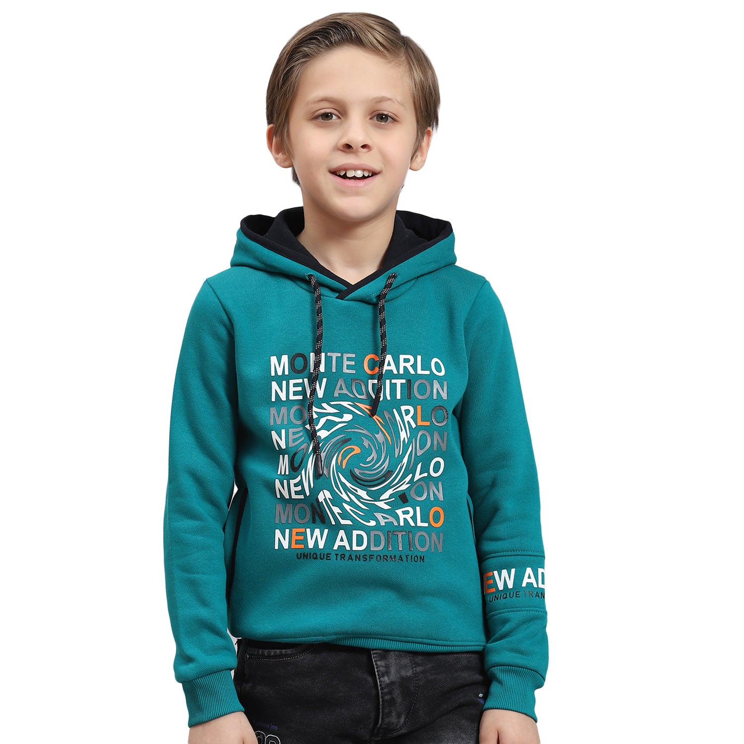 Boys Teal Blue Printed Hooded Full Sleeve Sweatshirt