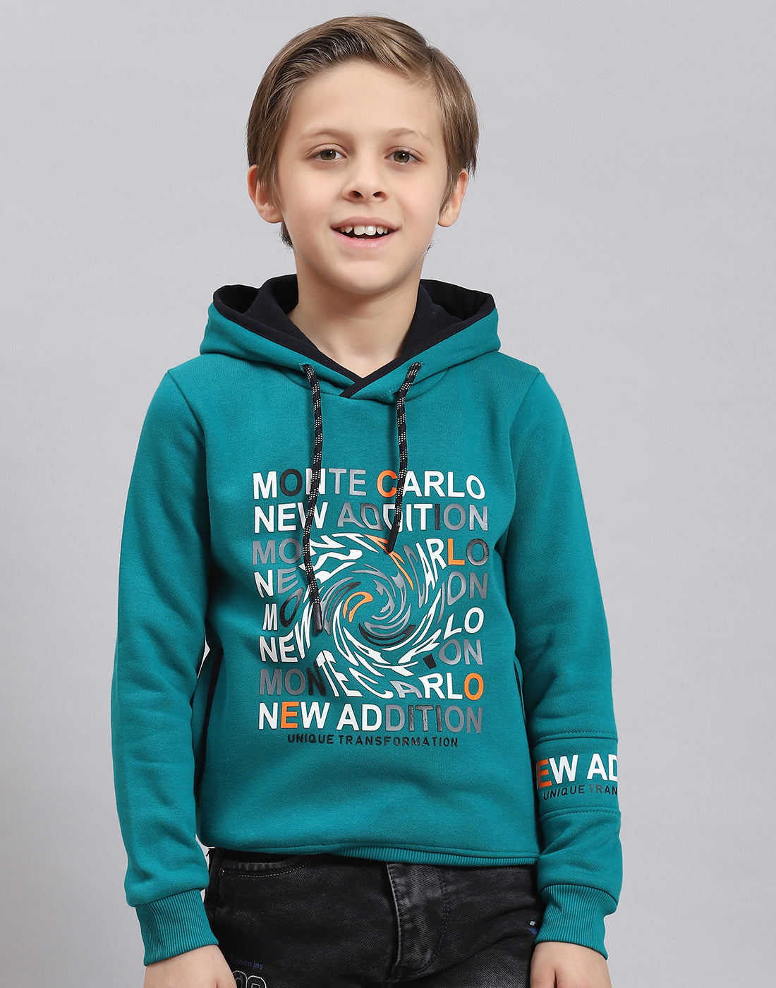 Boys Teal Blue Printed Hooded Full Sleeve Sweatshirt