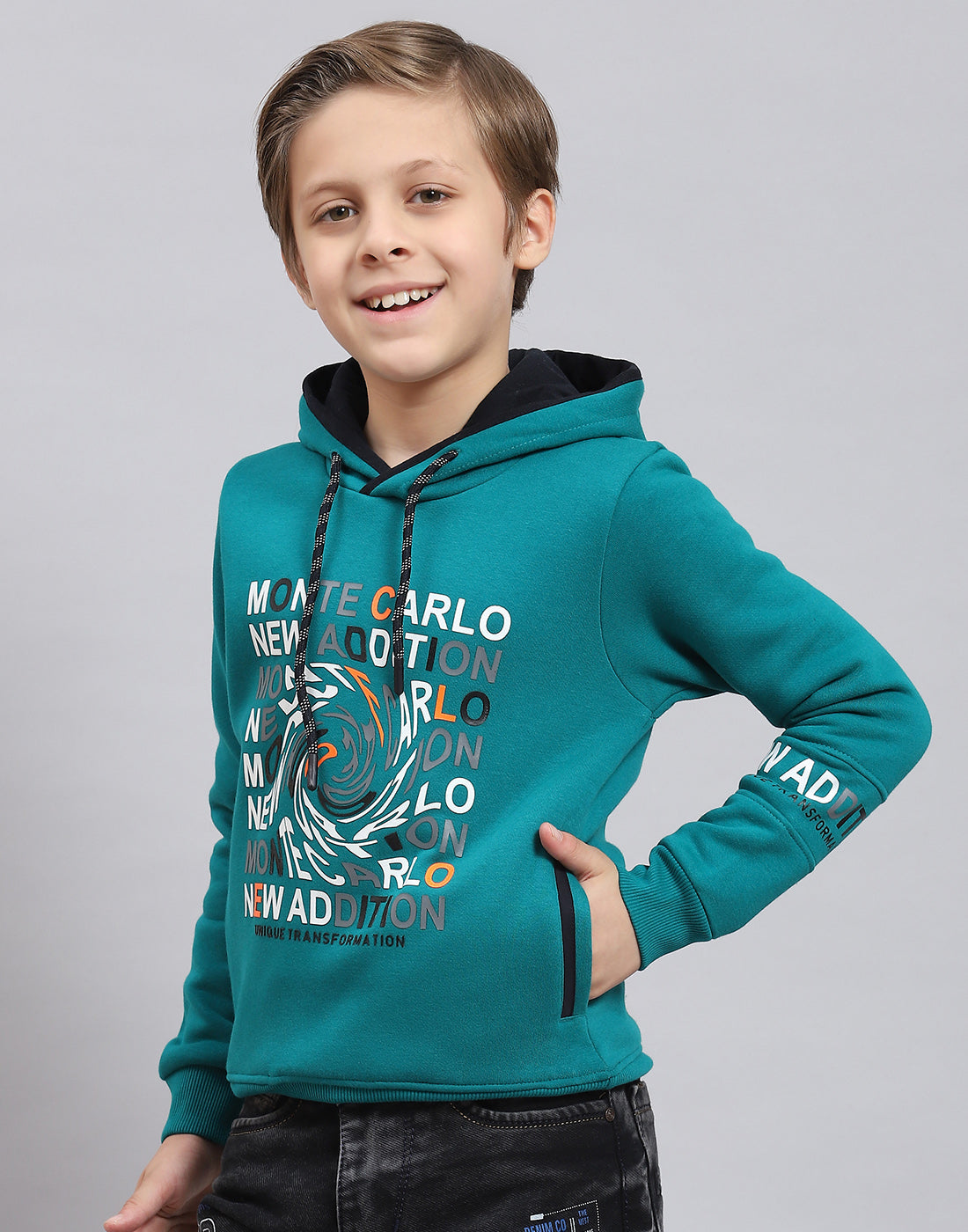 Boys Teal Blue Printed Hooded Full Sleeve Sweatshirt