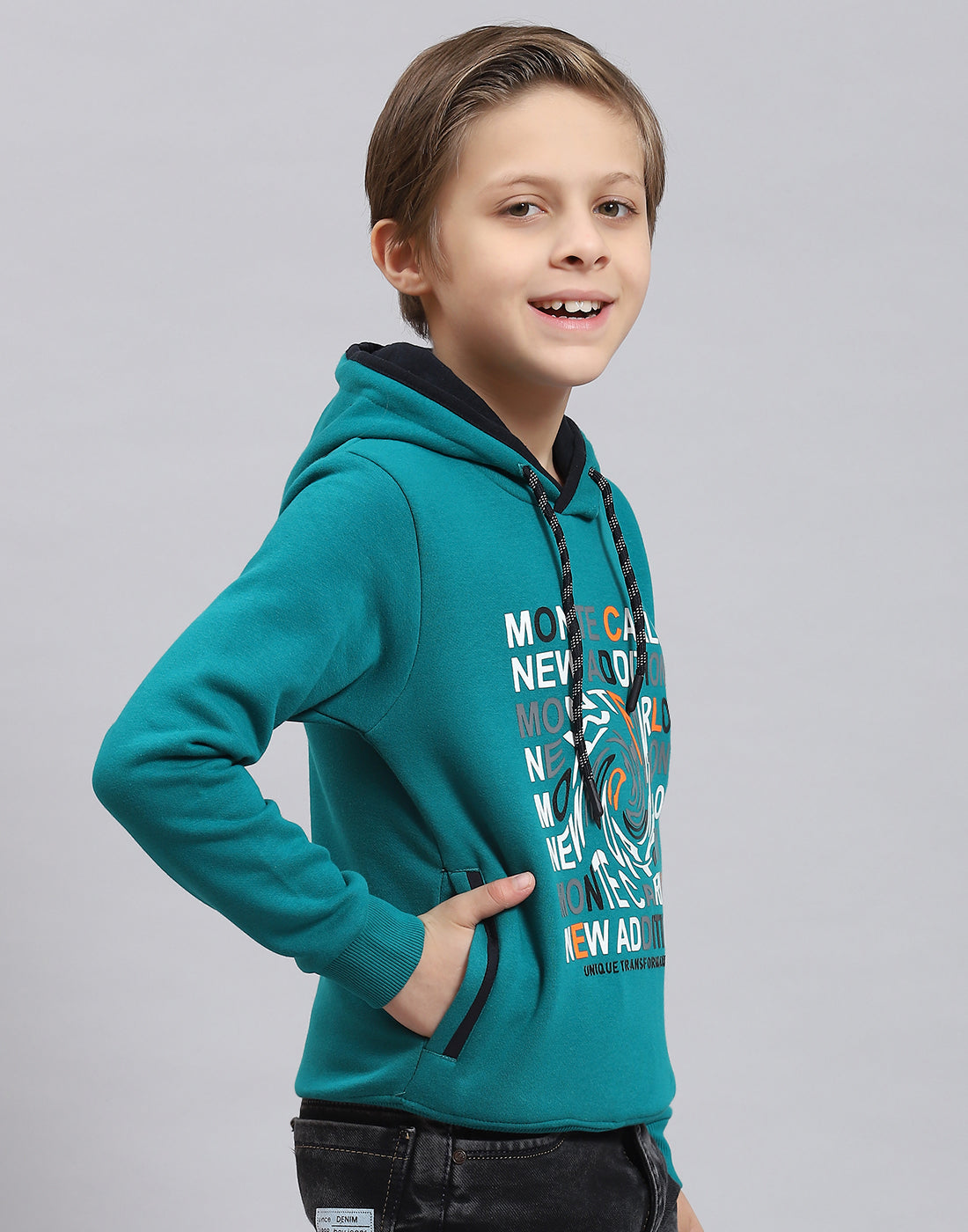 Boys Teal Blue Printed Hooded Full Sleeve Sweatshirt