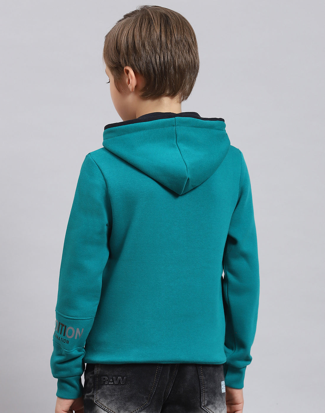 Boys Teal Blue Printed Hooded Full Sleeve Sweatshirt