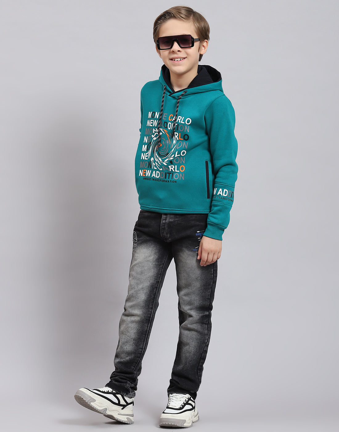 Boys Teal Blue Printed Hooded Full Sleeve Sweatshirt