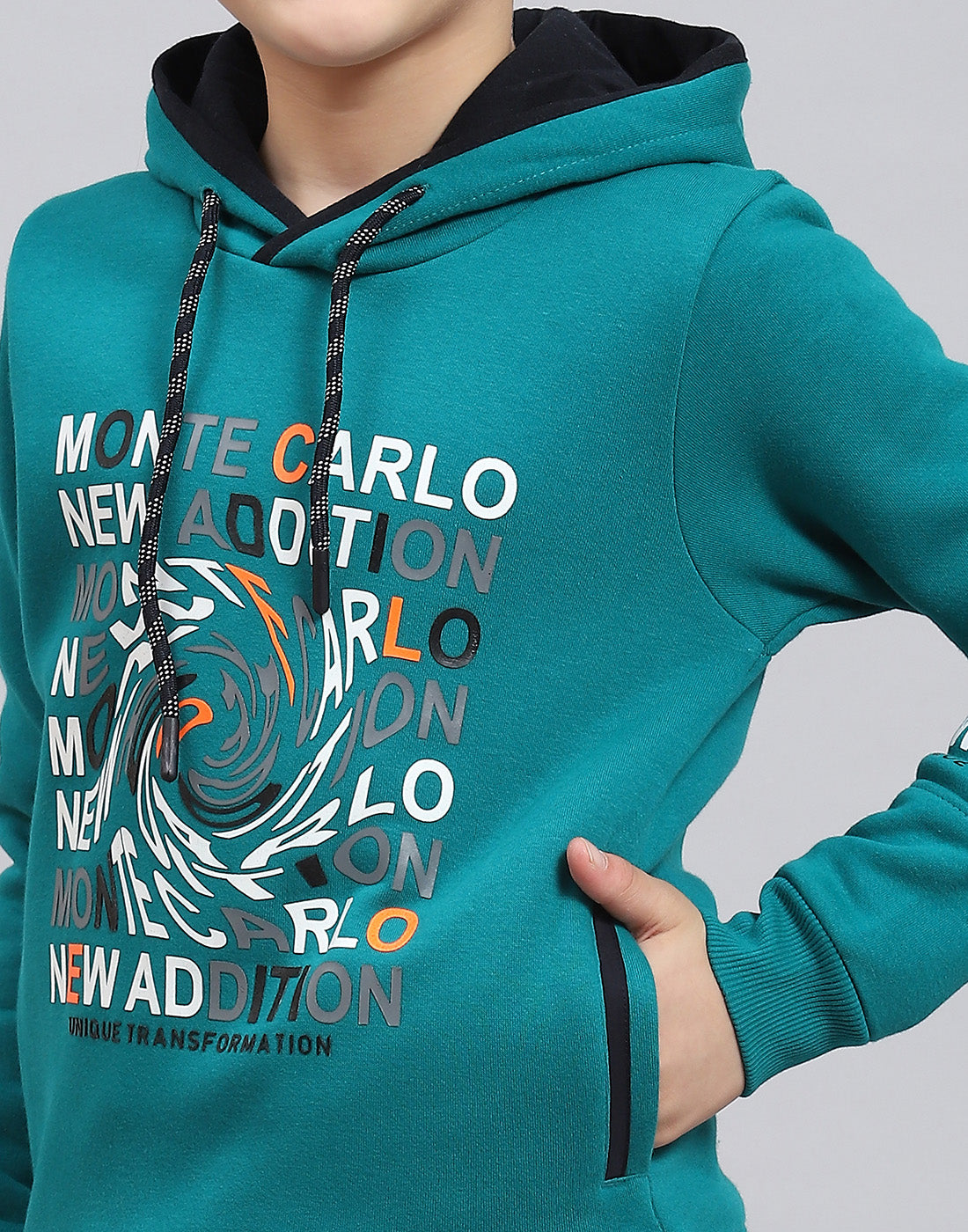 Boys Teal Blue Printed Hooded Full Sleeve Sweatshirt