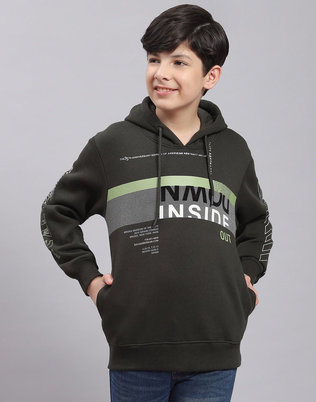 Boys Olive Printed Hooded Full Sleeve Sweatshirt