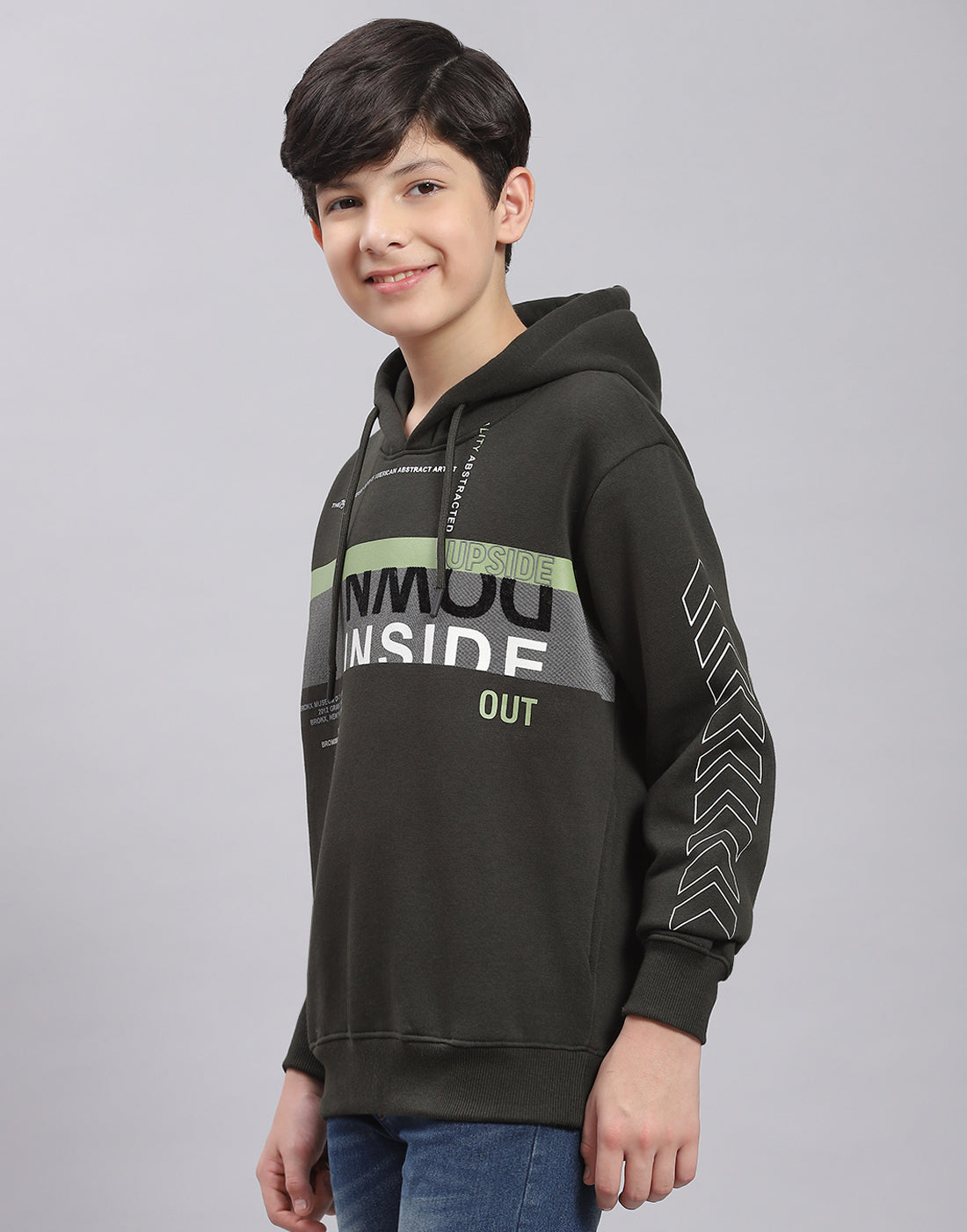 Boys Olive Printed Hooded Full Sleeve Sweatshirt