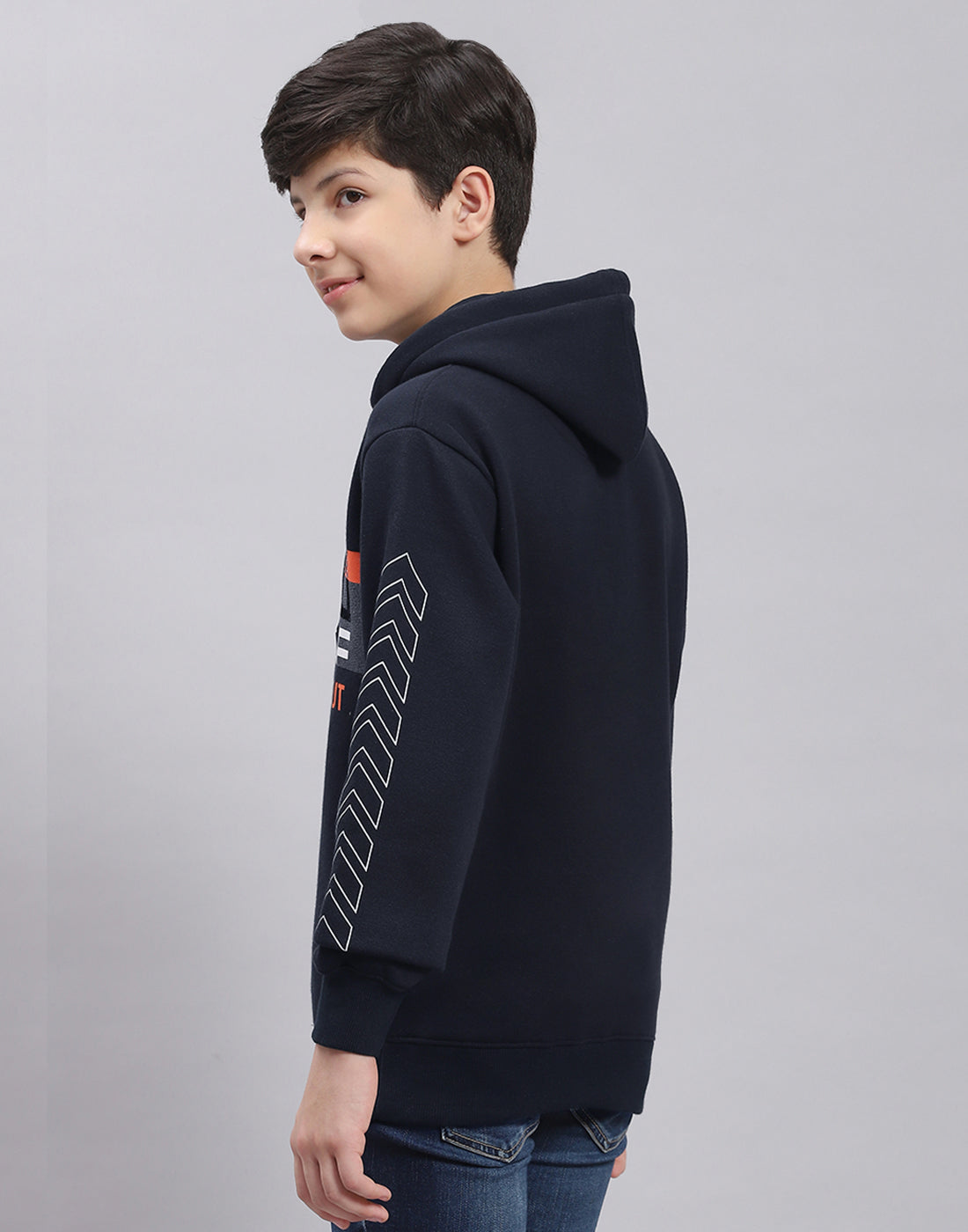 Boys Navy Blue Printed Hooded Full Sleeve Sweatshirt