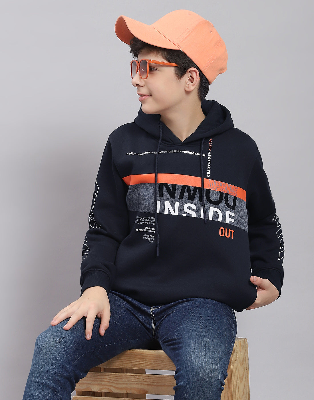 Boys Navy Blue Printed Hooded Full Sleeve Sweatshirt