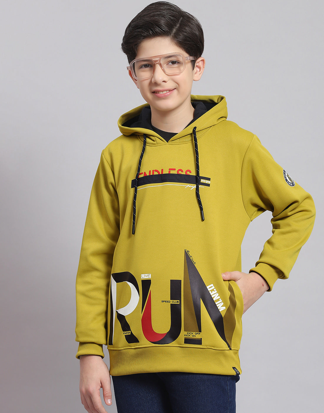 Boys Green Printed Hooded Full Sleeve Sweatshirt