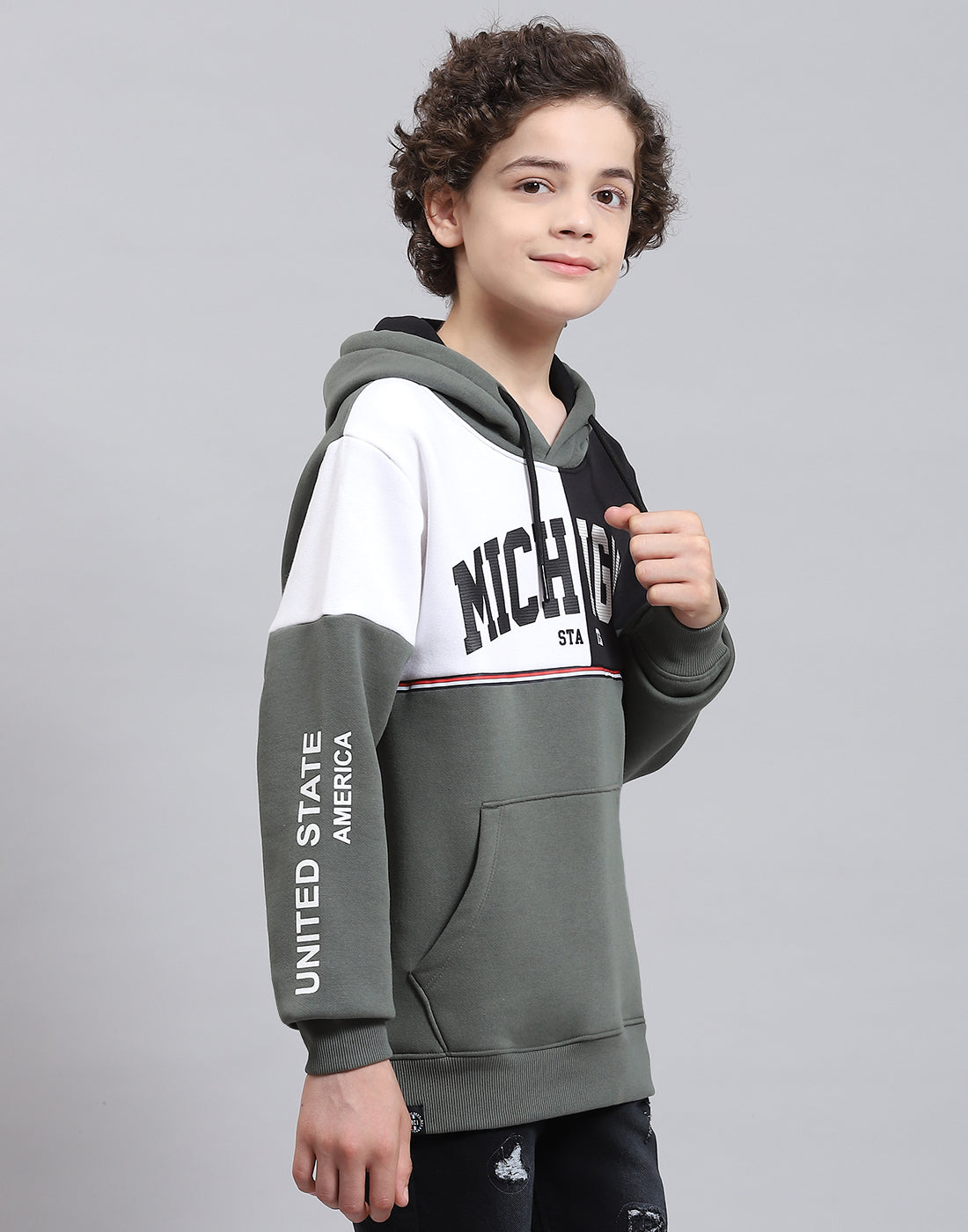 Boys Olive Printed Round Neck Full Sleeve Sweatshirt