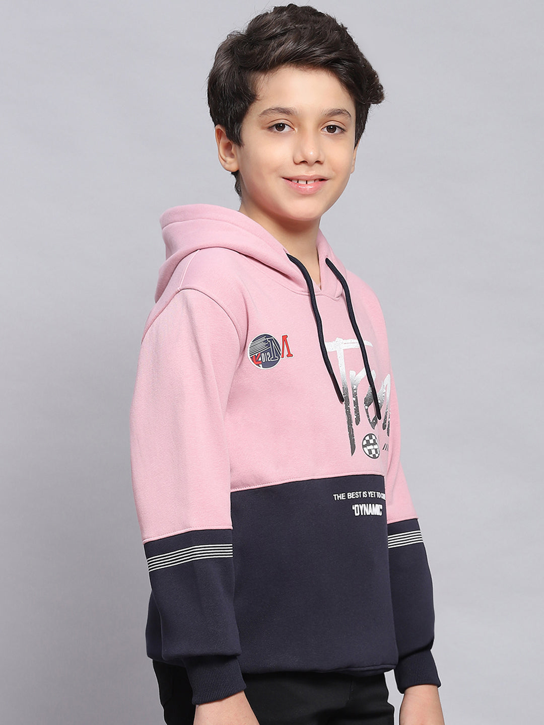 Boys Pink Printed Hooded Full Sleeve Sweatshirt