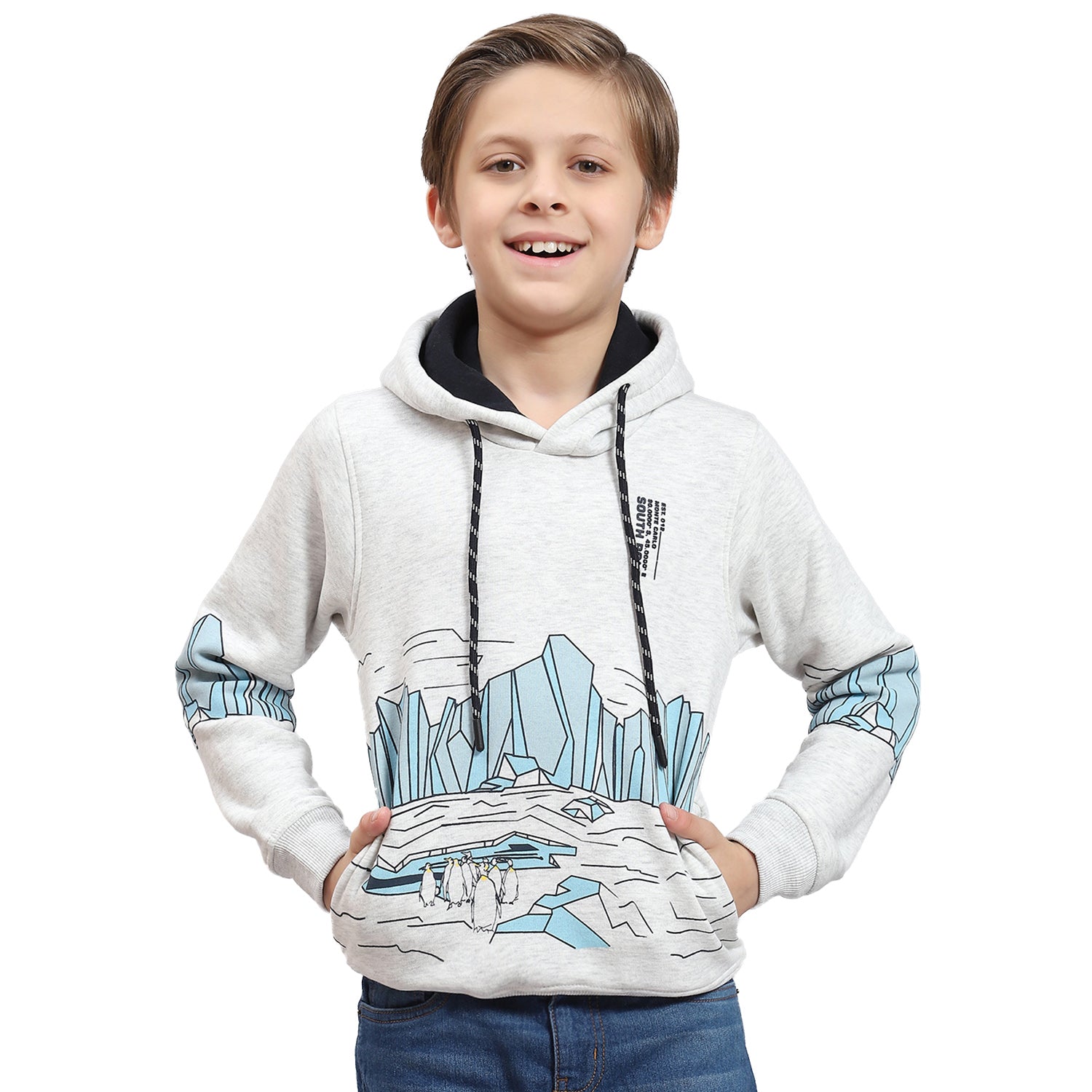 Boys Grey Melange Printed Hooded Full Sleeve Sweatshirt