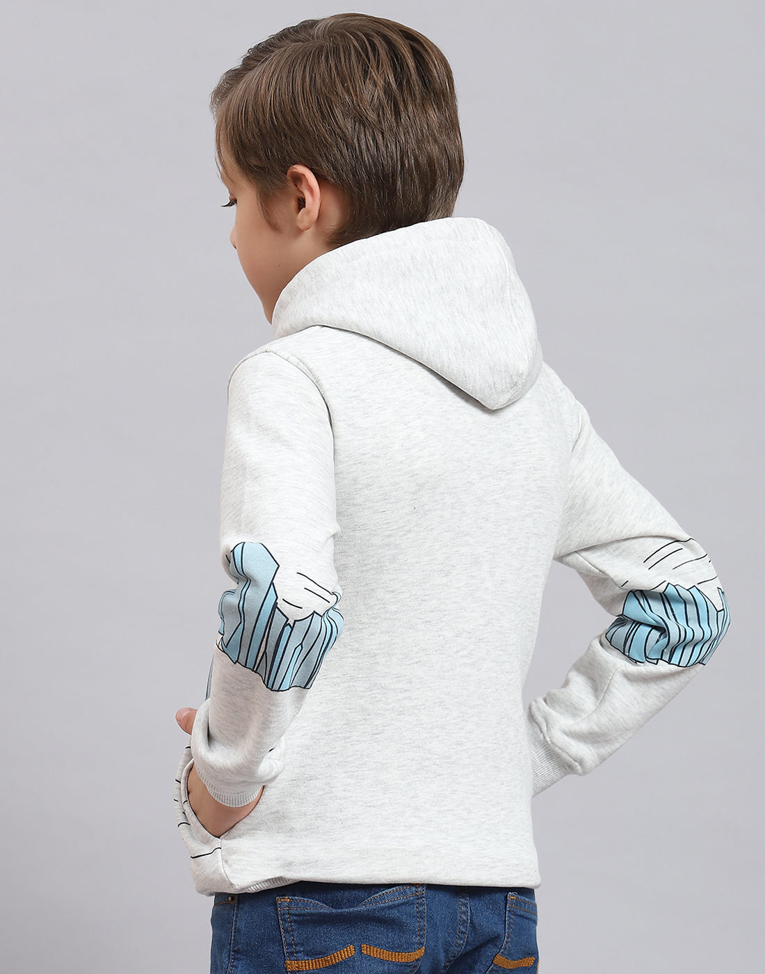 Boys Grey Melange Printed Hooded Full Sleeve Sweatshirt
