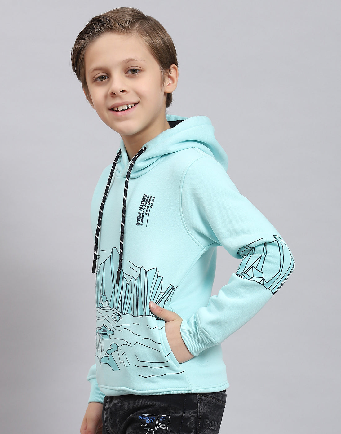 Boys Aqua Blue Printed Hooded Full Sleeve Sweatshirt