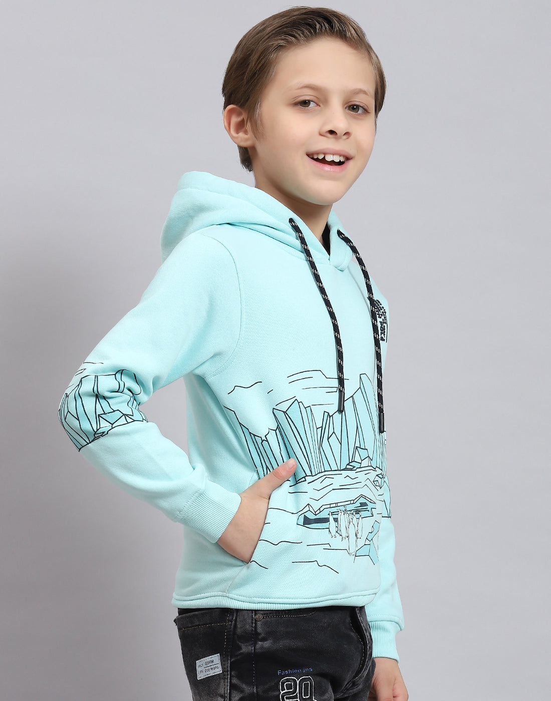 Boys Aqua Blue Printed Hooded Full Sleeve Sweatshirt